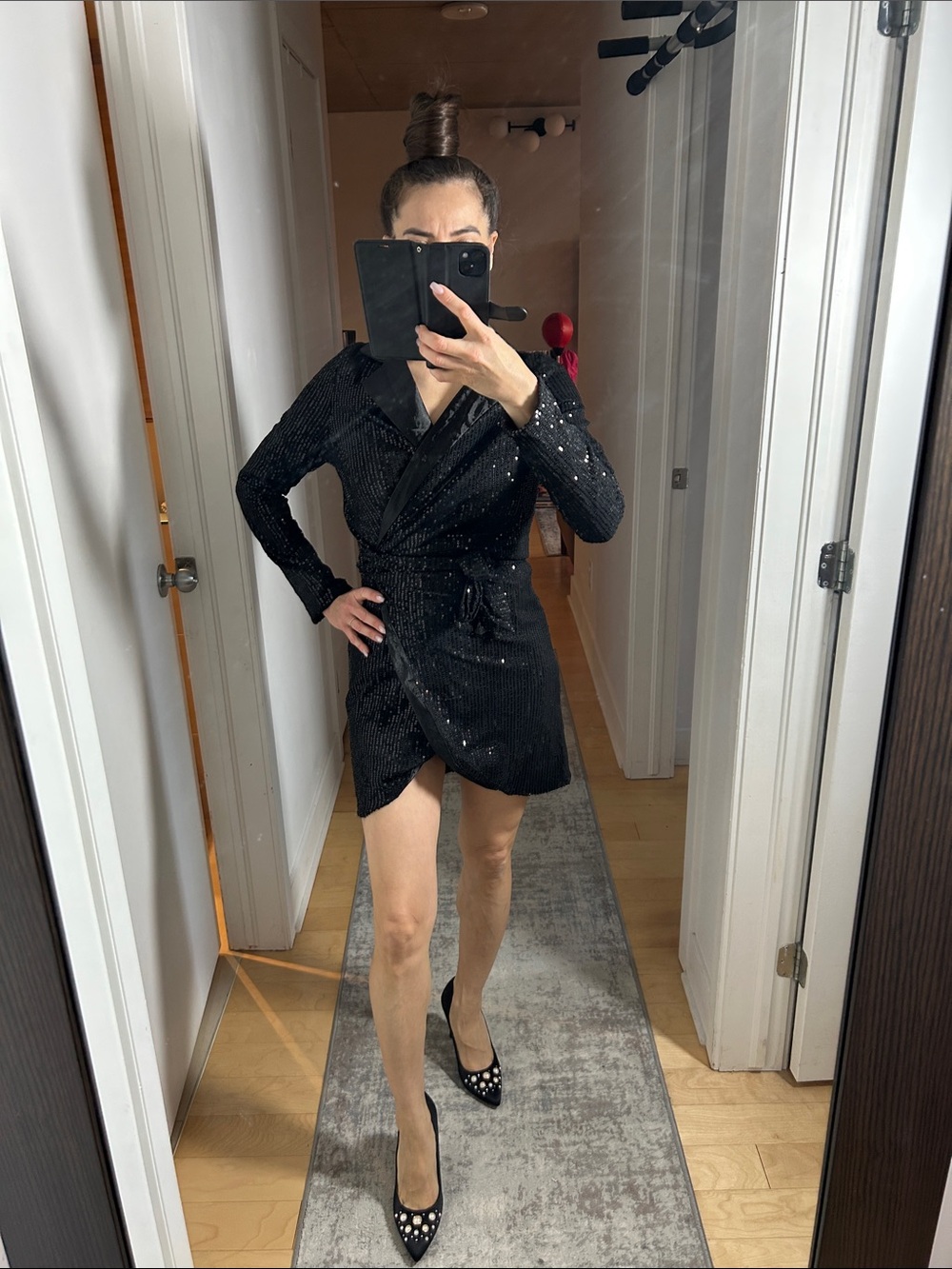 Black Sequin Wrap Dress Long Sleeve Satin Collar Tulip Hem